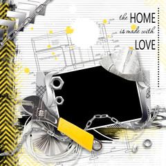 Decorative frame for photo for album on renovation or repair theme. Tools for gluing wallpapers and repair. Cheerful memories about renovation. DIY concept. 'Do it yourself' renovation of own home