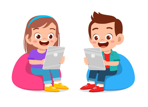happy cute kids boy and girl using tablet