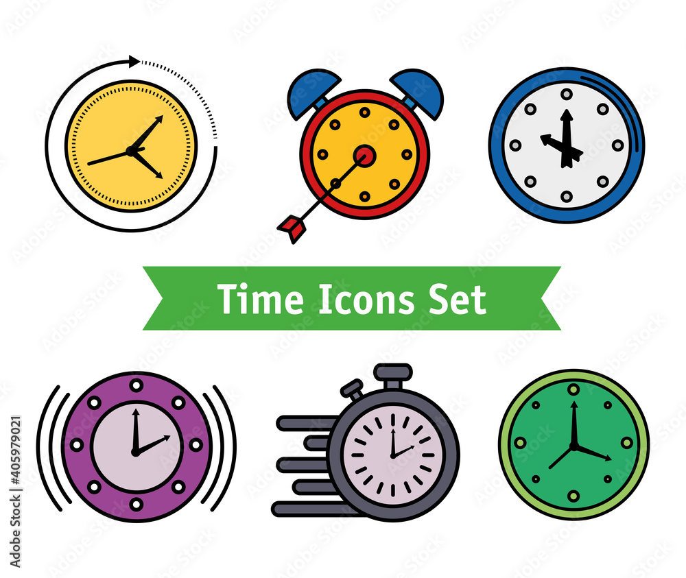 Poster bundle of ten time set line and fill style icons and lettering in ribbon vector illustration design