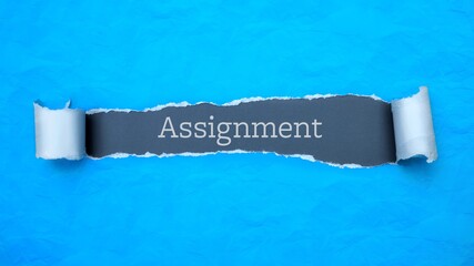Assignment. Blue torn paper banner with text label. Word in gray hole.