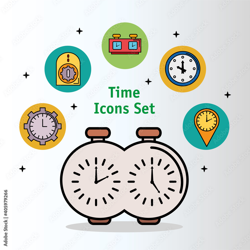 Poster bundle of thirteen time set line and fill style icons vector illustration design