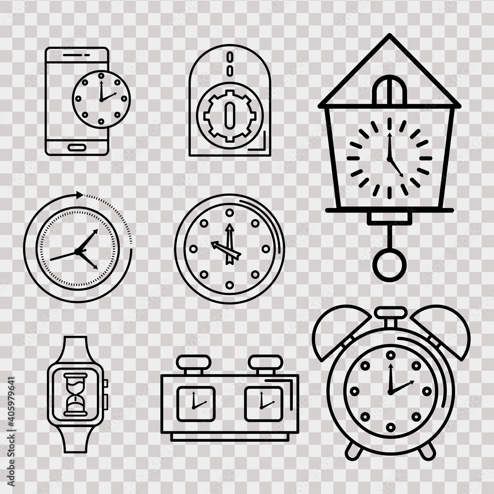 Poster bundle of nine time set line style icons in checkered background vector illustration design