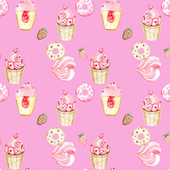 pattern sweets pink color watercolor donut, cupcake, strawberry, meringue