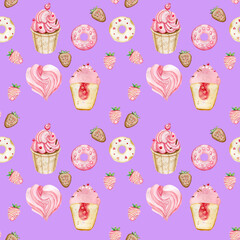 pattern sweets pink color watercolor donut, cupcake, strawberry, meringue