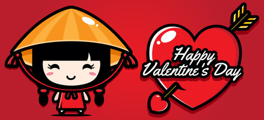 Cute girl character design on valentine's day happy greeting card