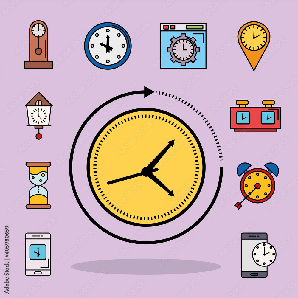 Poster bundle of nine time set line and fill style icons in checkered background vector illustration design