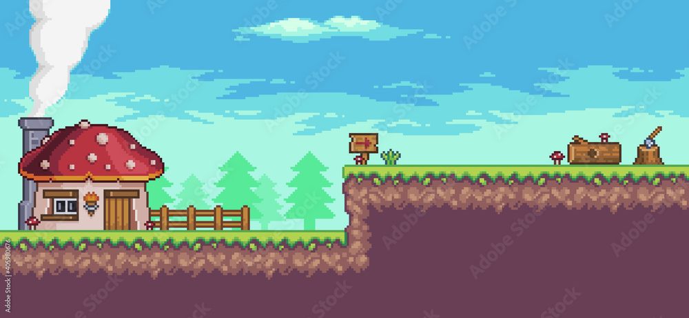 Poster pixel art arcade game scene with house, trees, fence and clouds 8bit background
