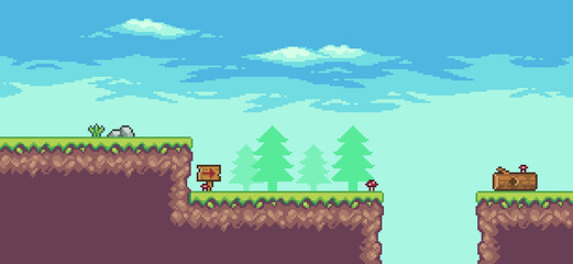 Pixel art arcade game scene with trees, trunk, board, stones and clouds 8bit background © Kaleb
