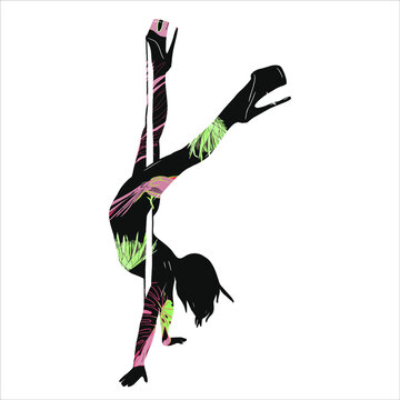 Vector illustration of a sports girl on a pole painted with abstract green and pink flowers isolated on a white background. Pole dancing silhouette blank for designers, luxury logo, icon, pole dance