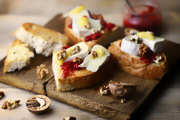 Selective focus. Healthy toast with jam and brie cheese. Keto snack. Diet food.