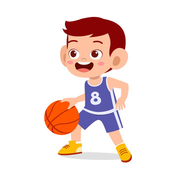 happy cute kid boy play basketball