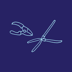 pruners and hedge shears vector illustration isolated on dar blue background. gardening tools. gardening time. hand drawn vector. doodle for kids, education, wallpaper, cover, poster, advertising.