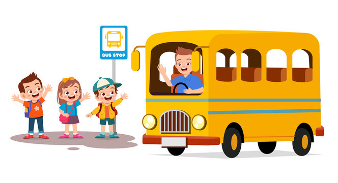 happy cute kids wait school bus with friends