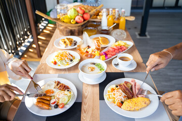 eating variety food for breakfast in morning