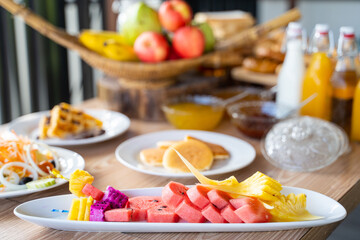 Fototapeta na wymiar fruits and bread in line buffet breakfast