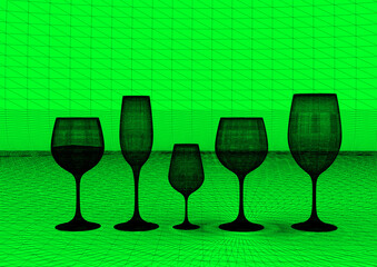 3D Rendering of wine glass in wireframe with green background.