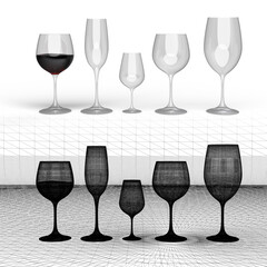 3D Rendering of wine glass in different styles. Also show the wireframe structure before complete rendering process.