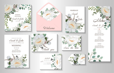 Fototapeta na wymiar Wedding invitation with flowers Peony and leaves, watercolor, isolated on white. Vector Watercolor.