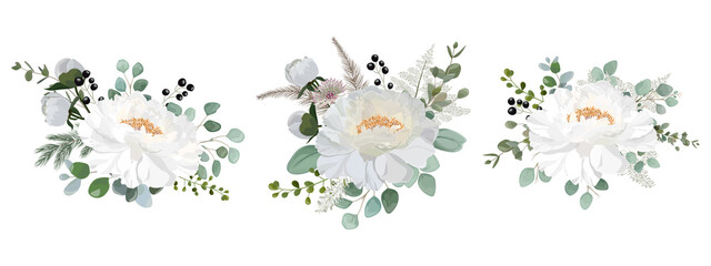 Set bouquets with leaves and flowers, watercolor, isolated on white. Vector Watercolor.
