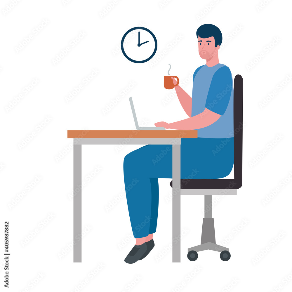 Wall mural young man seated in the office working in laptop vector illustration design