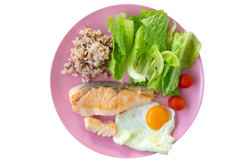 Diet food concept, Salmon smoked and Fried egg, die cut on white background