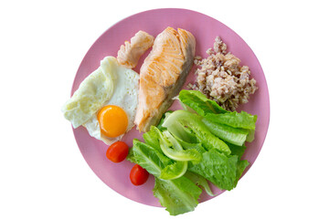 Diet food concept, Salmon smoked and Fried egg, die cut on white background