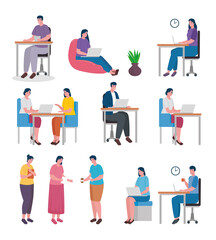 group of twelve workers coworking office characters vector illustration design