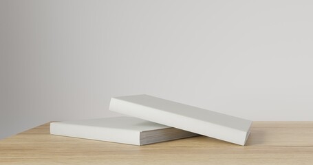 3d render Working desk with white background. blank book on wood table. minimal workspace. wall concept template.