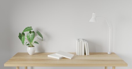 3d render Working desk and shelf with white background. blank book, desk lamp and green plant. minimal workspace. wall concept template.