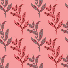 Summer seamless pattern with vintage leaves branches ornament. Pink pastel background.