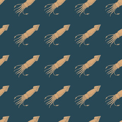 Abstract animal seamless pattern with wild squids beige print. Dark turquoise background.
