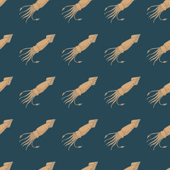 Abstract animal seamless pattern with wild squids beige print. Dark turquoise background.