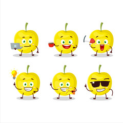 Yellow cherry cartoon character with various types of business emoticons