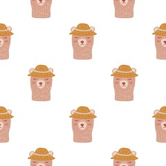 Isolated animal cartoon seamless pattern with pink bear with hat ornament. White background.