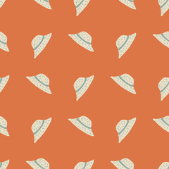 Cartoon seamless headdress seamless pattern with panamas. Coral background. Abstract simple print.