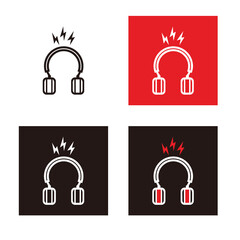 red and black square headphone with lightning sign for music listening, broadcast or podcast - silhouette square headphone lightning sign icon or logo isolated on white, red and black