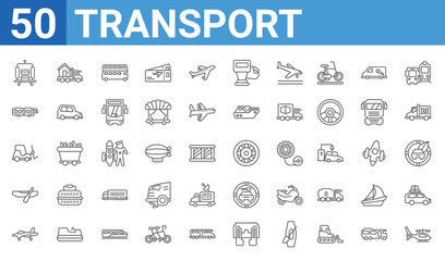set of 50 transport web icons. outline thin line icons such as chopper,suitcase cart,fighter,rowboat,forklift truck,sides,moving home,wheel vehicle part. vector illustration