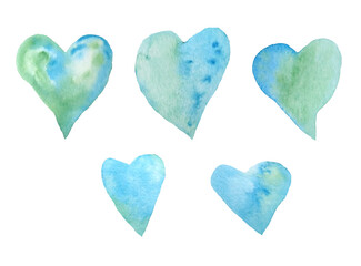 Watercolor hand drawn elements set of green blue turquoise hearts for St Valentine Day fabric wrapping paper. Elegant design background for love celebration wedding. Texture modern print.