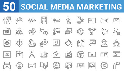 set of 50 social media marketing web icons. outline thin line icons such as conference,seminar,message,overlap,big photo camera,advise,announcement,fill. vector illustration
