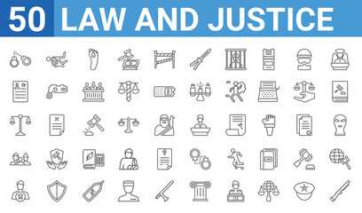 set of 50 law and justice web icons. outline thin line icons such as shotgun,criminal law,attorney,child custody,justice scale,criminal record,murder,counsel. vector illustration