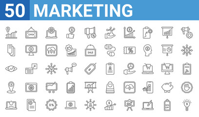 Fototapeta na wymiar set of 50 marketing web icons. outline thin line icons such as innovation,demand,on,place,business eye,flyer,open,id. vector illustration
