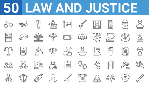 set of 50 law and justice web icons. outline thin line icons such as shotgun,criminal law,attorney,child custody,justice scale,criminal record,murder,counsel. vector illustration