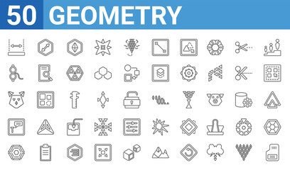 set of 50 geometry web icons. outline thin line icons such as save,dimension,polygonal hexagonal,text,polygonal cat,offset,diameter,polygonal ornamental shape of triangles. vector illustration