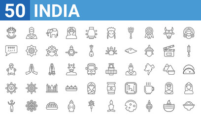 set of 50 india web icons. outline thin line icons such as curry,krishna janmashtami,bihu,telugu language,bhagavan,urdu,chandra,ratha-yatra. vector illustration