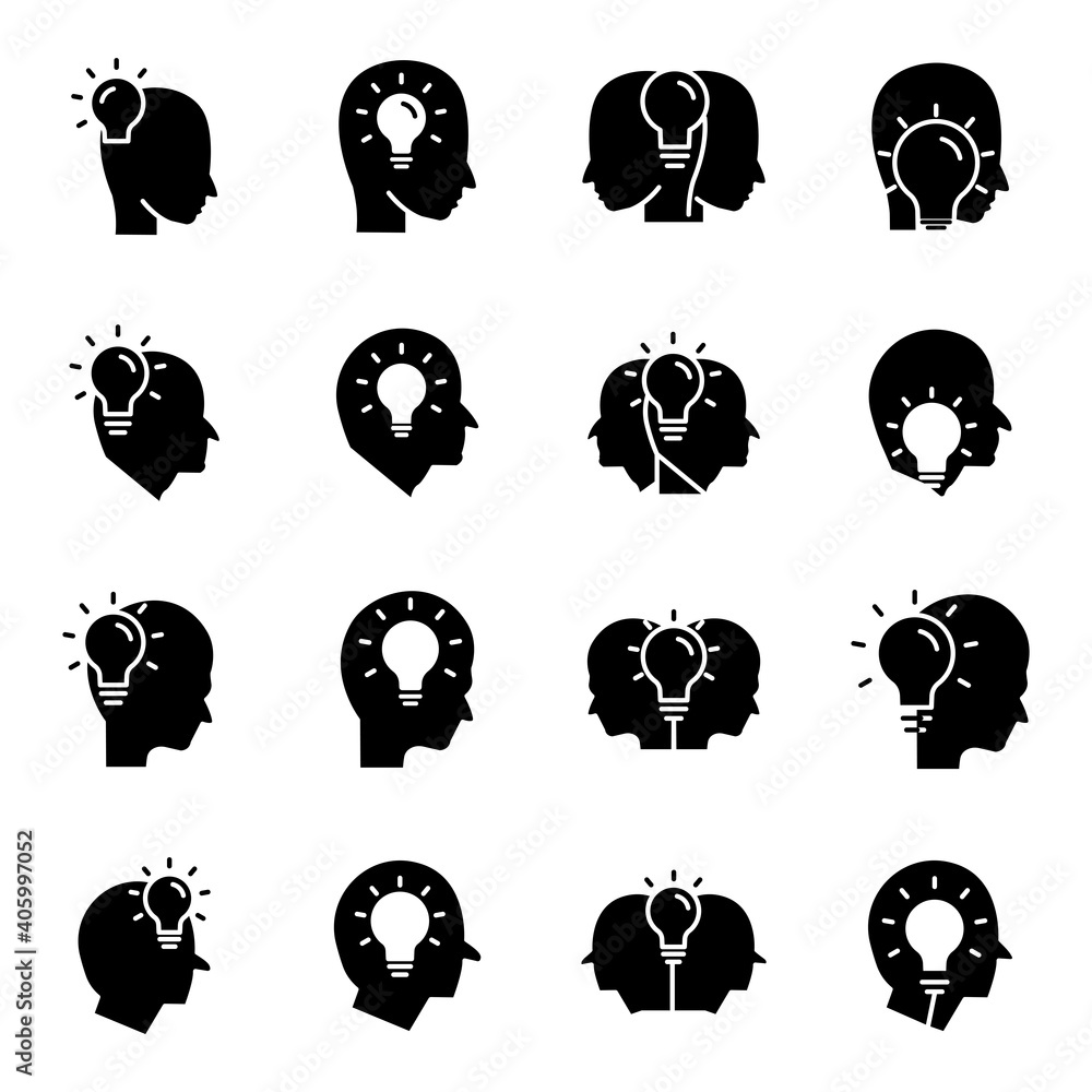 Poster head icon set with light bulb. concept of new idea. idea generation process. simple design editable.