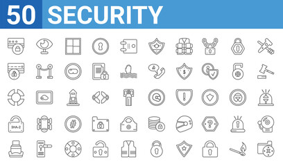 Fototapeta na wymiar set of 50 security web icons. outline thin line icons such as unsecure,protected cit card,safety seat,sha 2,lifeguard float,unlocked security of cit transaction,insight,racing helmet. vector
