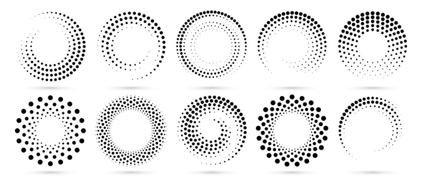 Half tone circle. Round dotted frame, circles pattern border and abstract halftone graphic design vector set