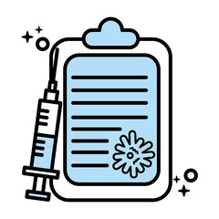 covid19 virus particle in checklist with vaccine syringe line and colors style icon vector illustration design