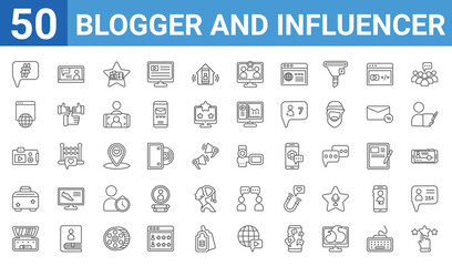 set of 50 blogger and influencer web icons. outline thin line icons such as rating,hashtag,makeup palette,suitcase,camera,browser,vlogger,camcorder. vector illustration