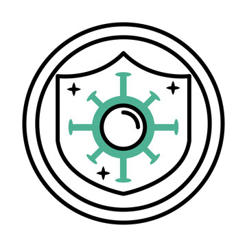 covid19 virus particle in shield half line style icon vector illustration design
